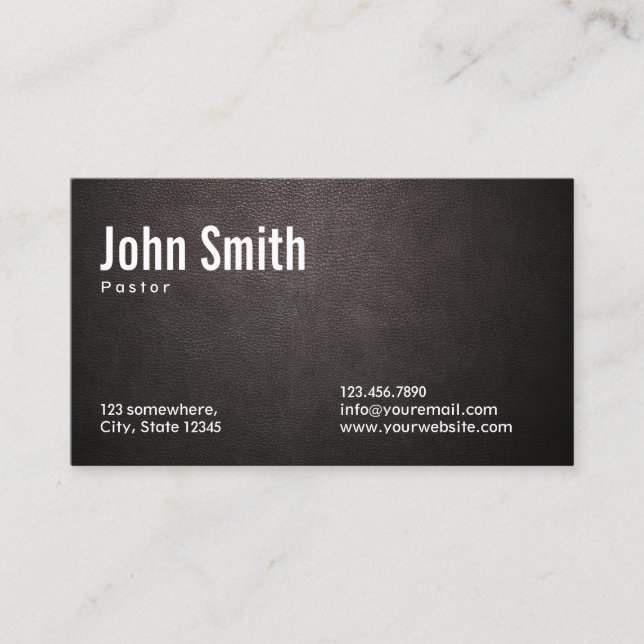 Stylish Dark Leather Pastor Business Card (Front)