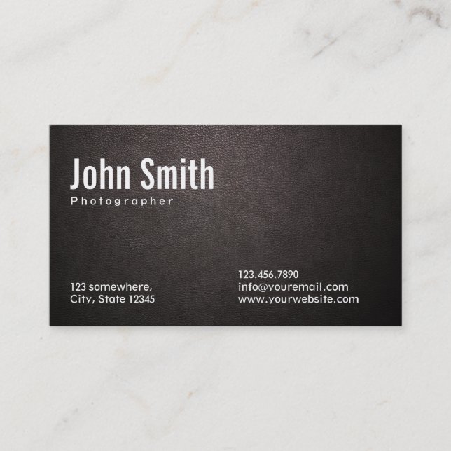 Stylish Dark Leather Photography Business Card (Front)