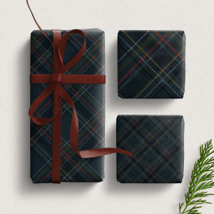 Stylish dark navy blue Christmas plaid holiday Wrapping Paper Sheet