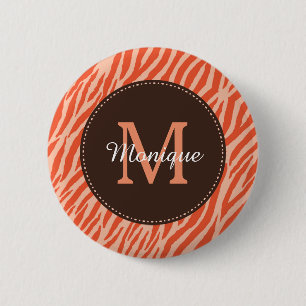 Stylish Dark Orange Zebra Print Monogram and Name 6 Cm Round Badge