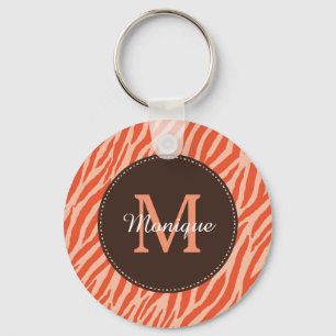 Stylish Dark Orange Zebra Print Monogram and Name Key Ring