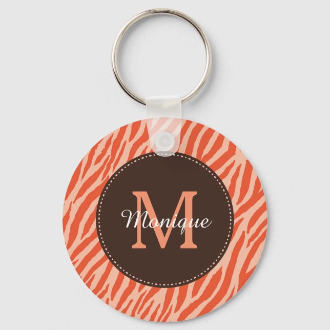 Stylish Dark Orange Zebra Print Monogram and Name Key Ring (Front)