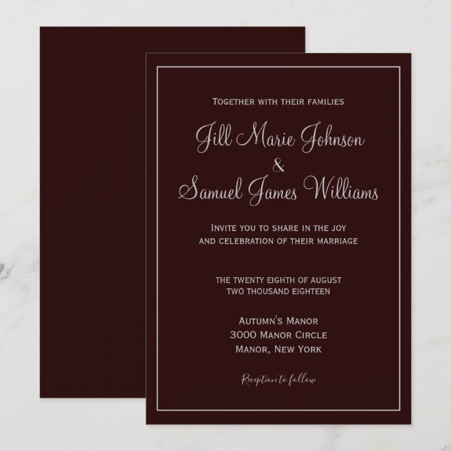 Stylish Dark Plum and Grey Wedding Invitation (Front/Back)