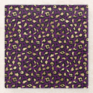 Stylish Dark Purple and Gold Foil Leopard Spots Glass Coaster