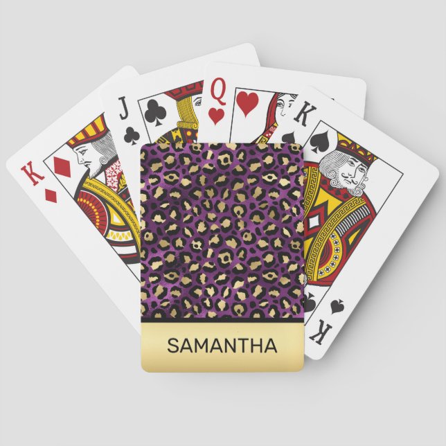 Stylish Dark Purple and Gold Foil Leopard Spots Playing Cards (Back)