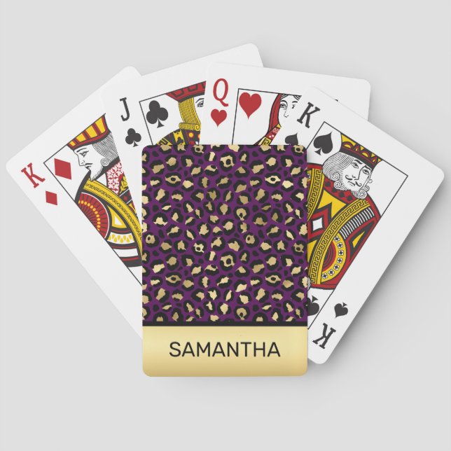 Stylish Dark Purple and Gold Foil Leopard Spots Playing Cards (Back)