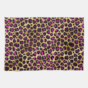 Stylish Dark Purple and Gold Foil Leopard Spots Tea Towel