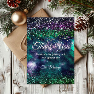 Stylish dark purple green faux glitter thank you card