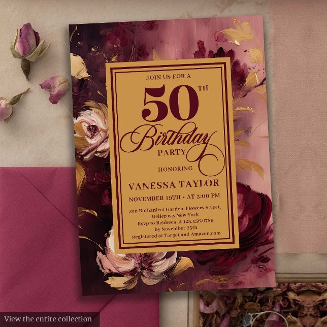 Stylish dark red blush gold roses 50th birthday   invitation (Stylish dark red blush gold roses 50th birthday invite

)
