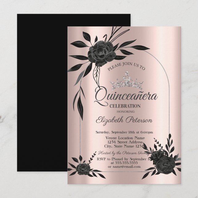 Stylish Dark Roses Gothic Rose Gold Invitation (Front/Back)