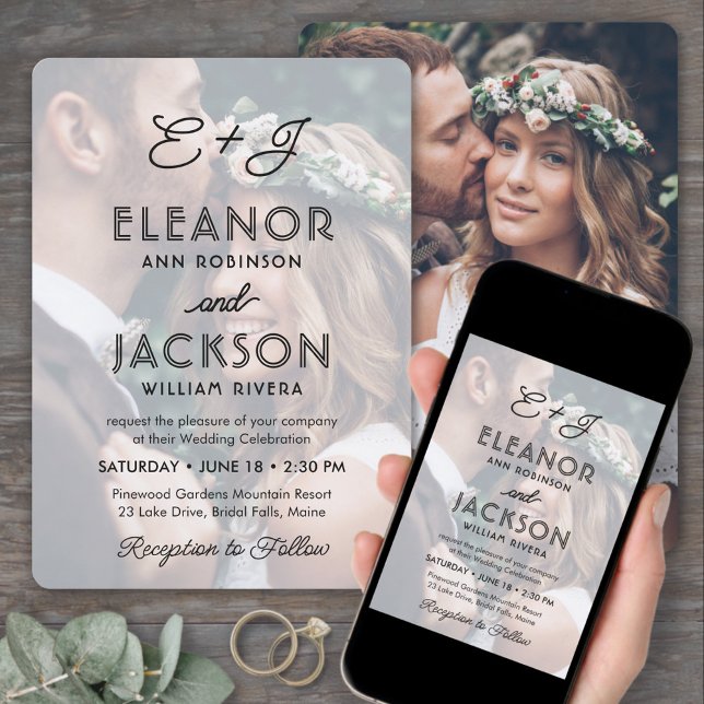 Stylish Deco Typography & Monogram 2 Photo Wedding Invitation (Creator Uploaded)