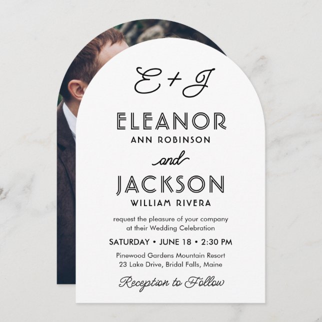 Stylish Deco Typography & Monogram Photo Wedding Invitation (Front/Back)