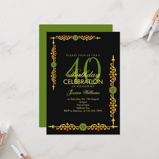 Stylish Decorative Border, Peridot Gem Birthday Invitation (Front/Back In Situ)