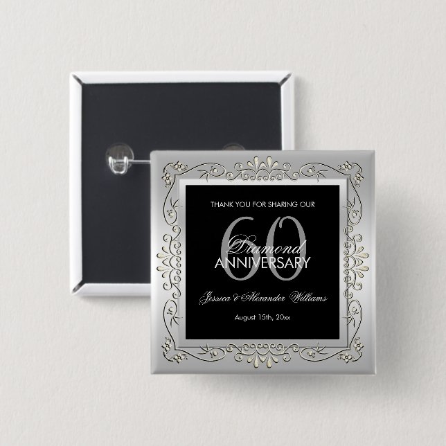 Stylish Decorative Silver 60th Wedding Anniversary 15 Cm Square Badge (Front & Back)