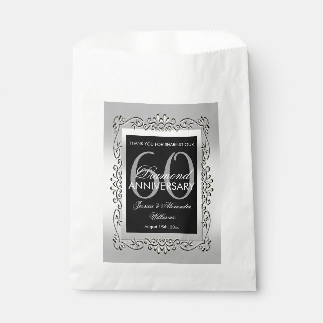 Stylish Decorative Silver 60th Wedding Anniversary Favour Bags (Front)
