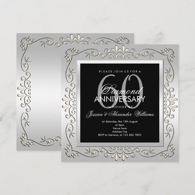 Stylish Decorative Silver 60th Wedding Anniversary Invitation (Front/Back)