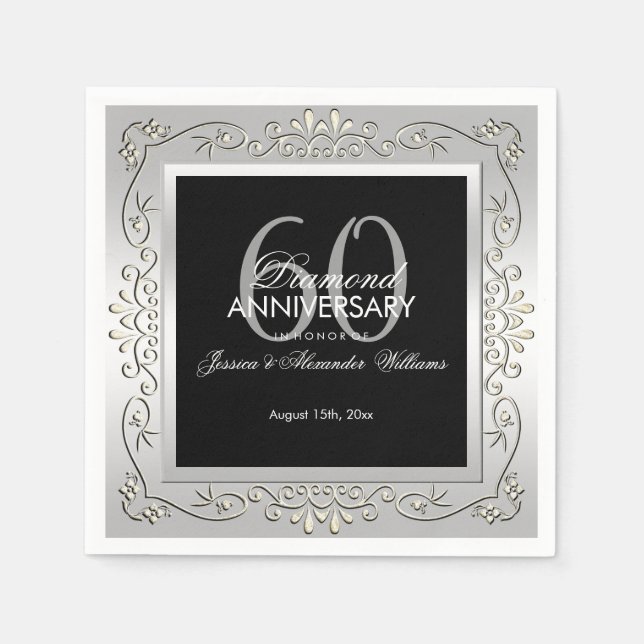 Stylish Decorative Silver 60th Wedding Anniversary Napkin (Front)