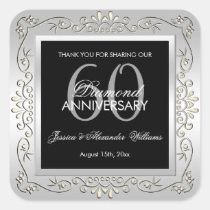Stylish Decorative Silver 60th Wedding Anniversary Square Sticker