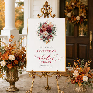 Stylish deep red fall bridal shower welcome sign d