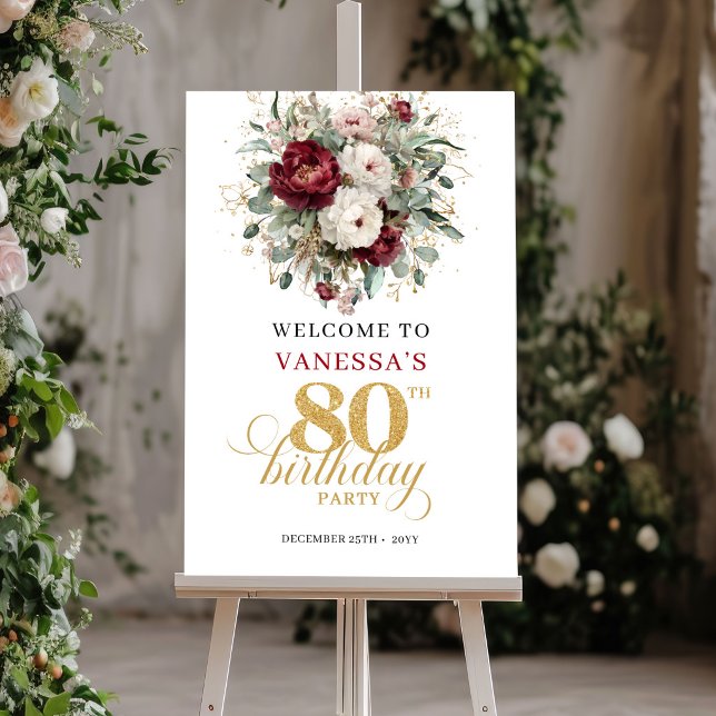 Stylish Deep Red Floral 80th Birthday Welcome Sign (Stylish Deep Red Floral 80th Birthday Welcome Poster)