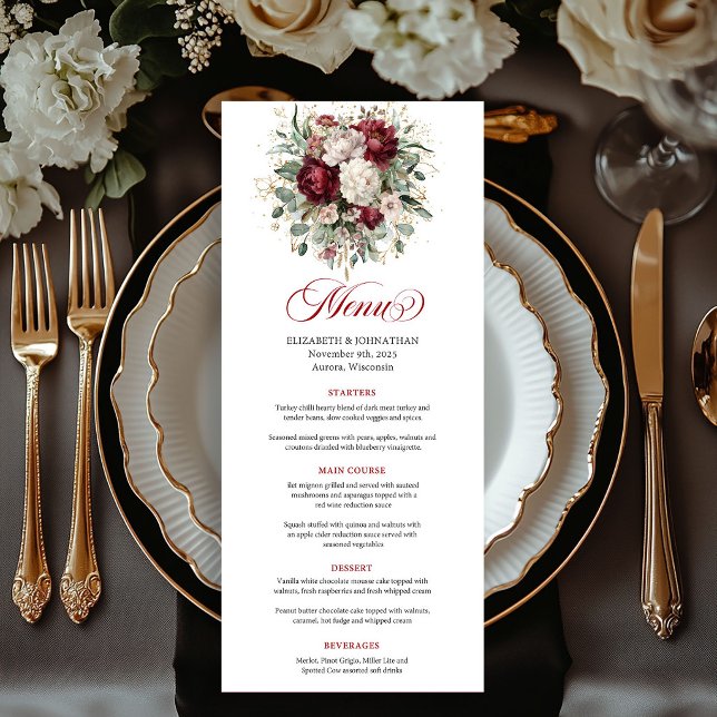 Stylish Deep Red Floral Boho Gold Menu Card (Stylish Deep Red Floral Boho Gold Menu Card)