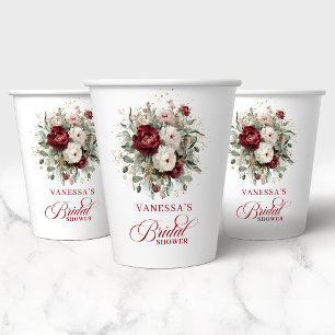 Stylish Deep Red Floral Bridal Shower Paper Cups