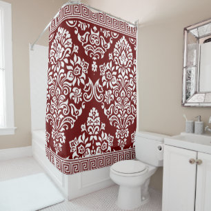 Stylish Deep Red Floral Damask Greek Key Shower Curtain