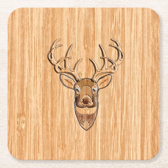 Stylish Deer Head Light Wood Grain Print Square Paper Coaster (Front)