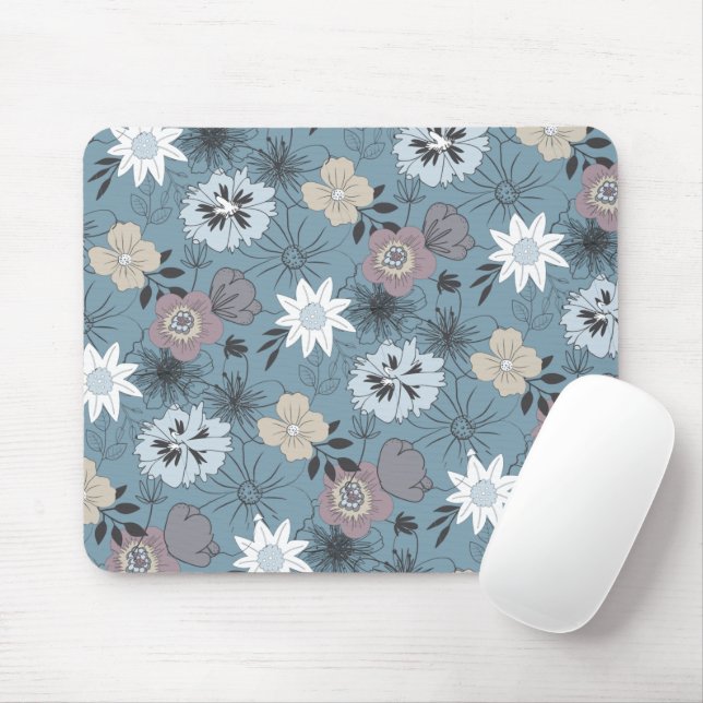 Stylish Delicate Flower Pattern in Blue & Rose Mouse Mat (With Mouse)