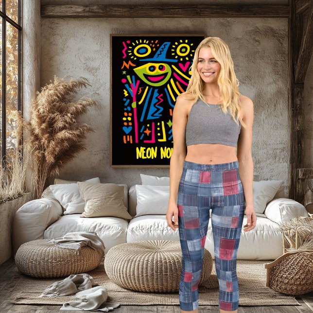 Stylish Denim Patchwork, in Blue & Red custom text Capri Leggings (Creator Uploaded)