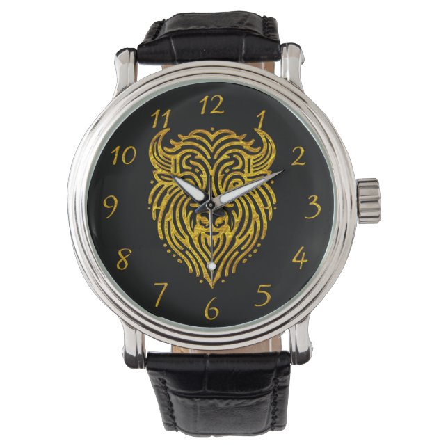 Stylish Design of a Gold Bison Buffalo Head Watch (Front)
