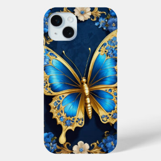 Stylish Design of Golden Butterfly and Blue iPhone 15 Mini Case