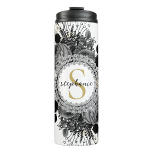 Stylish Diamonds Black Gold Roses Monogram Thermal Tumbler