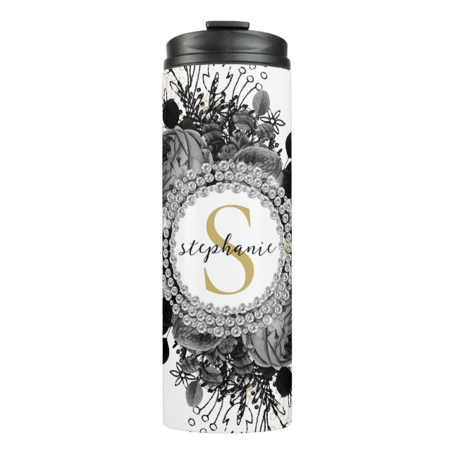 Stylish Diamonds Black Gold Roses Monogram  Thermal Tumbler (Front)