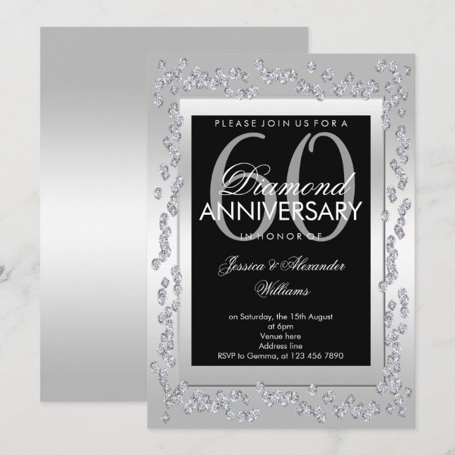 Stylish Diamonds Silver 60th Wedding Anniversary Invitation (Front/Back)