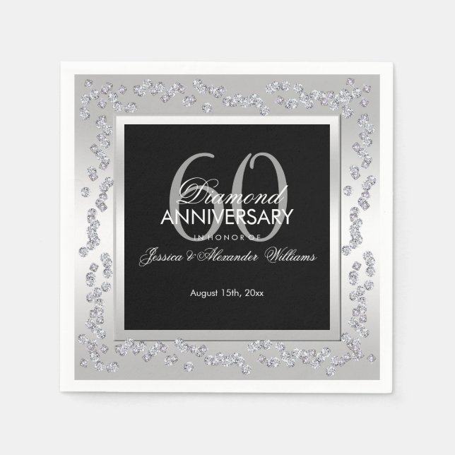 Stylish Diamonds Silver 60th Wedding Anniversary Napkin (Front)