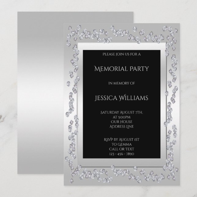 Stylish Diamonds Silver Memorial Party Invitation (Front/Back)