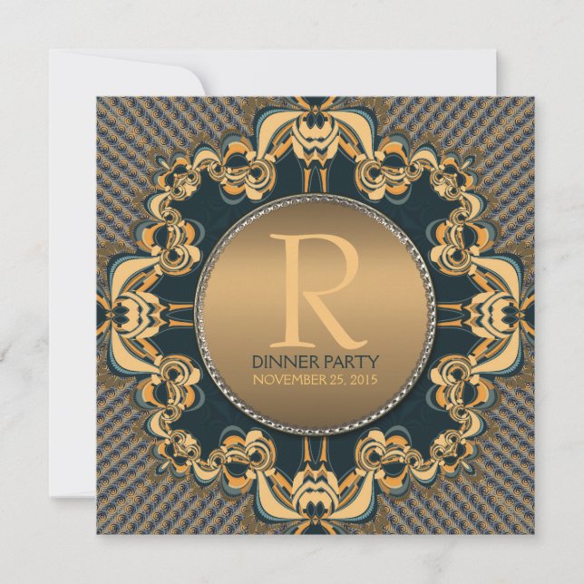 Stylish Dinner Party Monogram Teal Gold Invitation (Front)