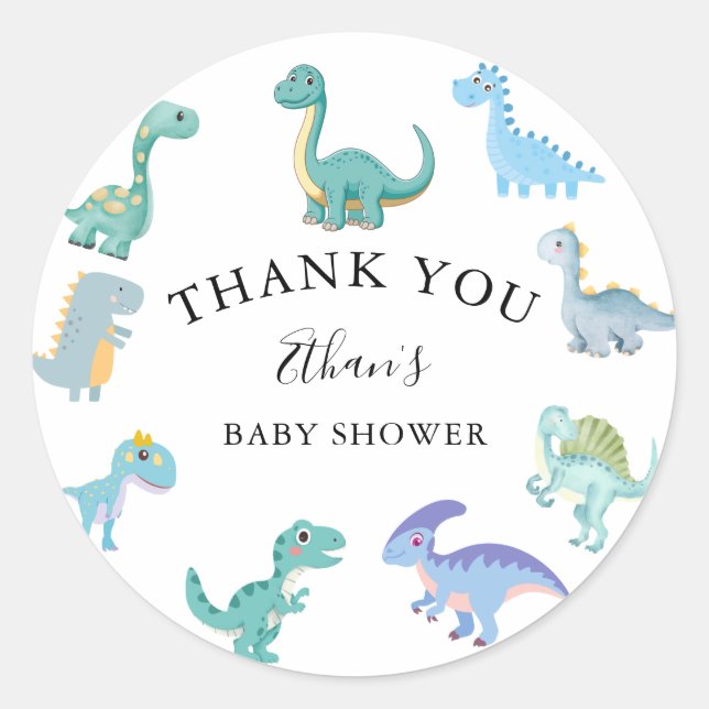 Stylish Dinosaur Baby Shower White Classic Round Sticker (Front)