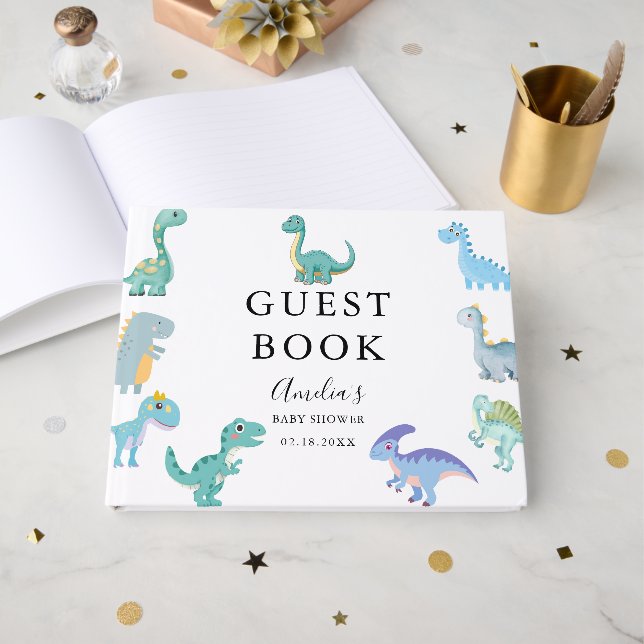 Stylish Dinosaur Baby Shower White Guest Book (Front Open)