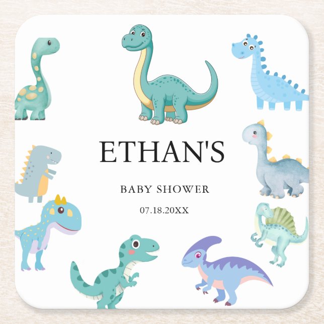 Stylish Dinosaur Baby Shower White Square Paper Coaster (Front)