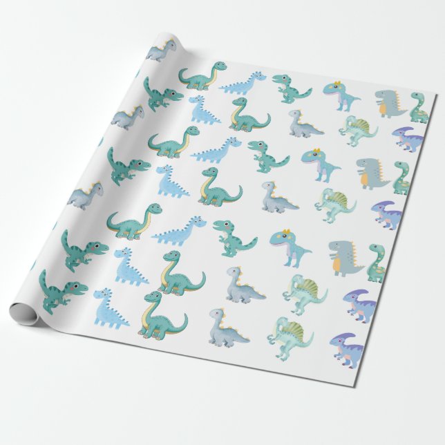 Stylish Dinosaur Baby Shower White Wrapping Paper (Unrolled)