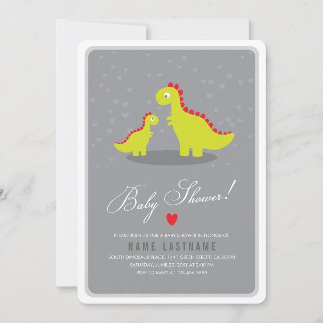 Stylish Dinosaur Grey Baby Shower Invite Rounded (Front)