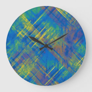 Stylish Distressed Plaid Check Blue, green, yellow Large Clock