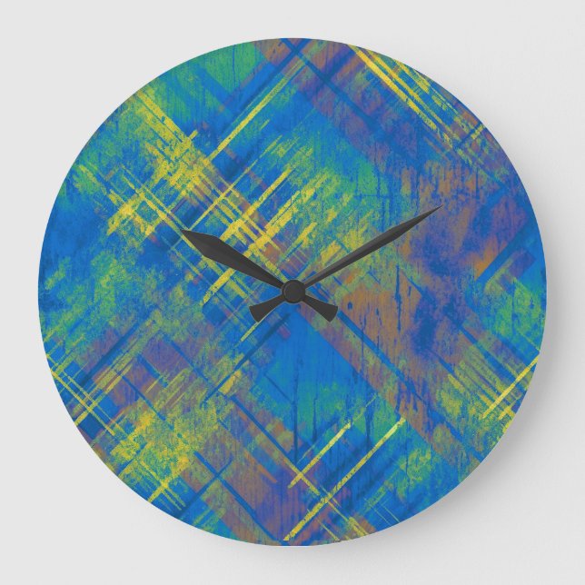 Stylish Distressed Plaid Check Blue, green, yellow Large Clock (Front)