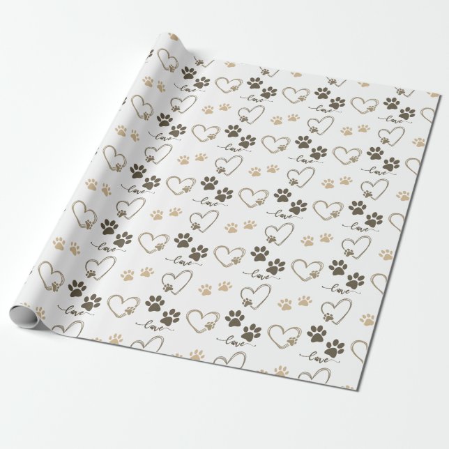 Stylish DOG PAW PRINTS and LOVE HEARTS Wrapping Paper (Unrolled)