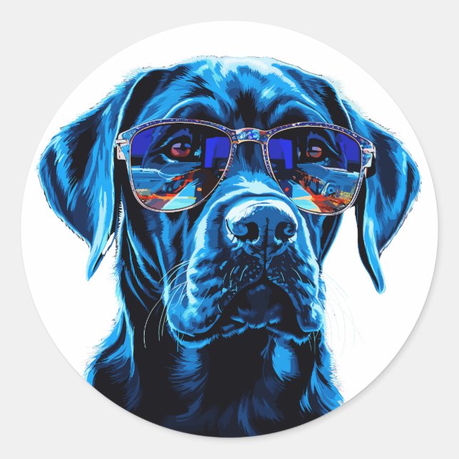  Stylish Dog with Reflective Sunglasses Classic Round Sticker (Front)
