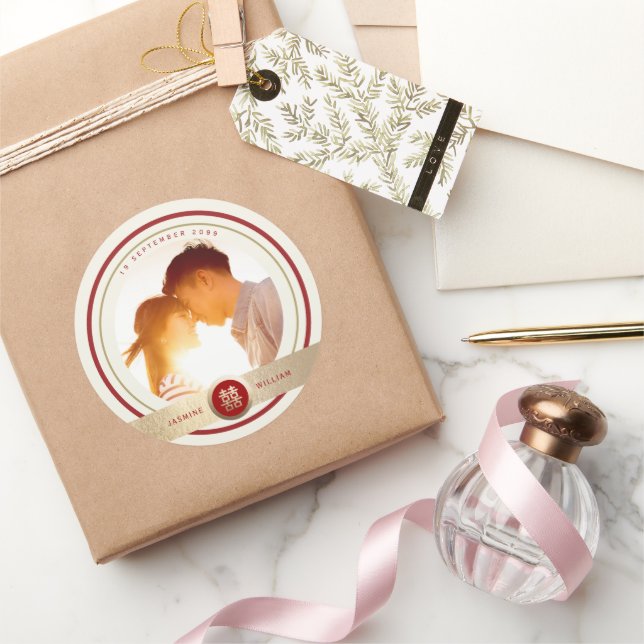 Stylish Double Happiness Chinese Wedding Photo Classic Round Sticker (Gifting)