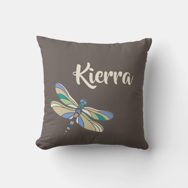 Stylish Dragonfly in Brown and Blue With Name Cushion (Front)
