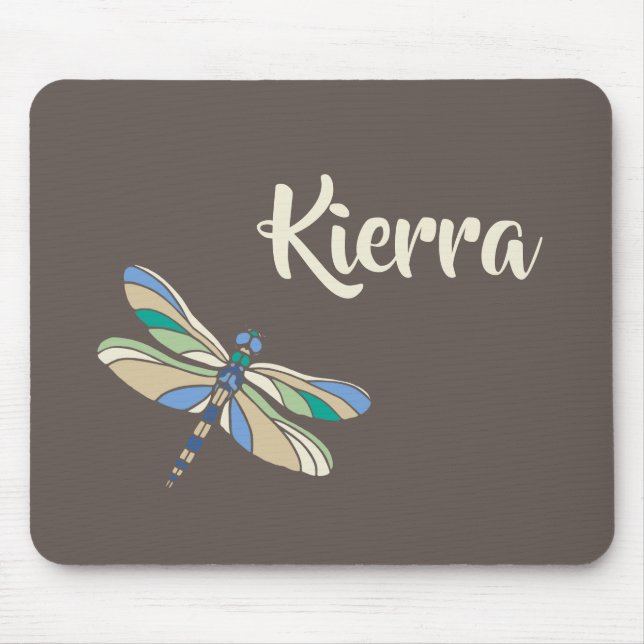Stylish Dragonfly in Brown and Blue With Name Mouse Mat (Front)